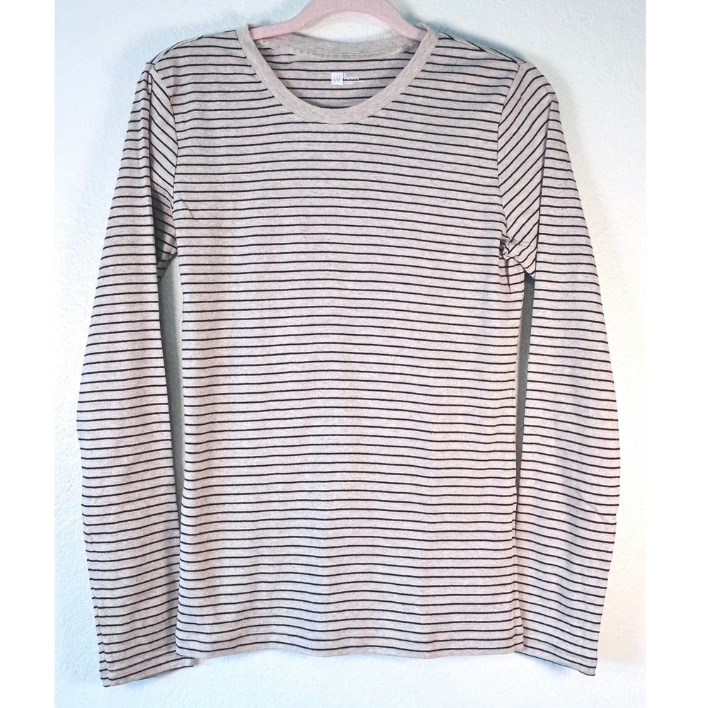 Gap Favorite Minimalist Effortless Long Sleeve Striped Cotton T Shirt Grey L